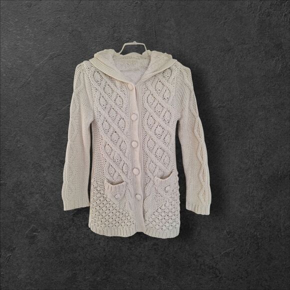 Chunky Cable Knit Hooded CARDIGAN Faux Fur Lined Sweater Tunic Length Pockets M - Picture 3 of 16